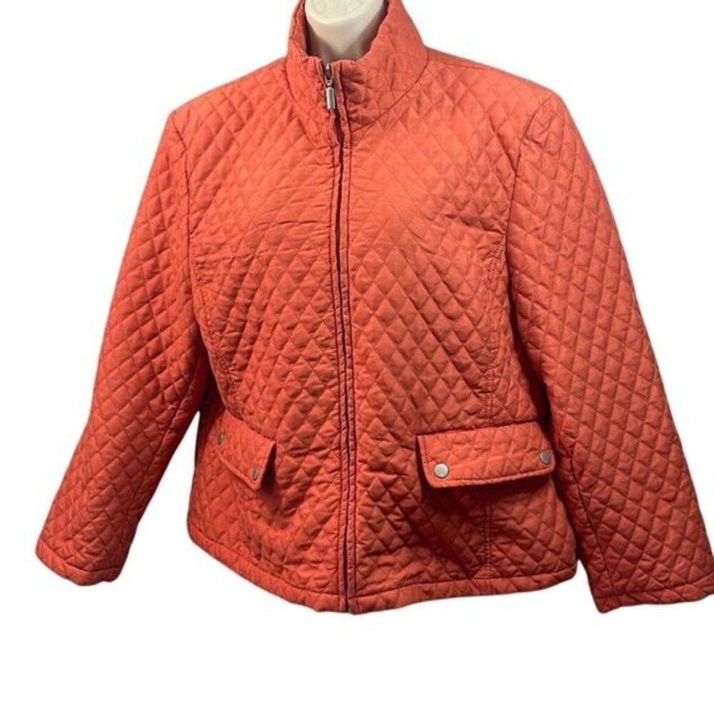 Jane Ashley Quilted Jacket Coral Orange Pockets Full Zip‎ Lightweight Coat